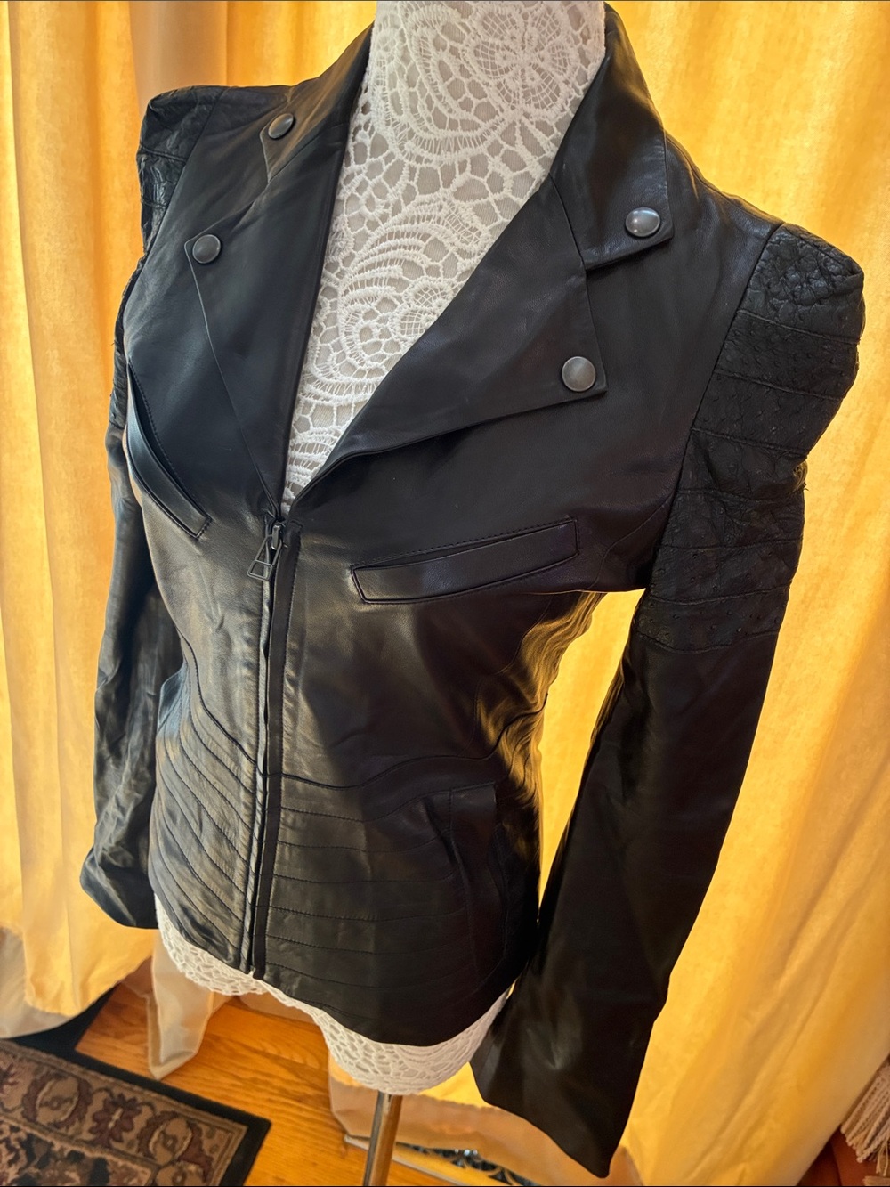 Designer Black Lamb Leather Moto Jacket -made in France XS